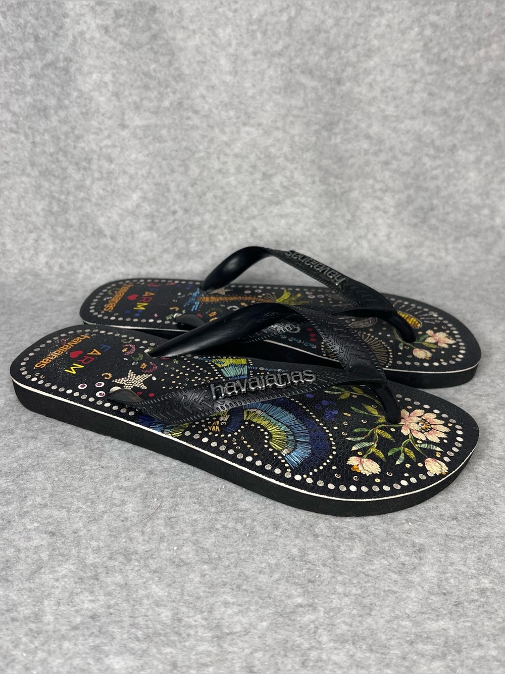 Farm Rio Black Multi Sandal in Black Havaianas Thong Flip Flops Women’s Size 7/8 - Picture 2 of 16